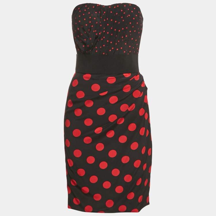 Pre Owned Dolce & Gabbana Black Polka Dots Print Silk Strapless Mini Dress M