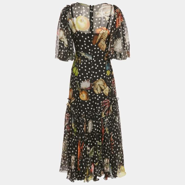 Pre Owned Dolce & Gabbana Black Printed Silk Ruffled Asymmetric Long Dress L