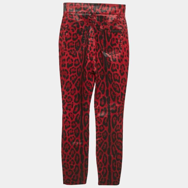 Pre Owned Dolce & Gabbana Red Leopard Print Cotton Drill Jeans S Waist 26"