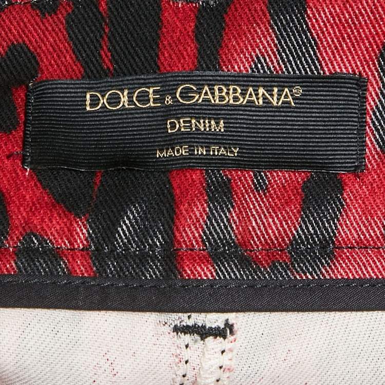 Pre Owned Dolce & Gabbana Red Leopard Print Cotton Drill Jeans S Waist 26"