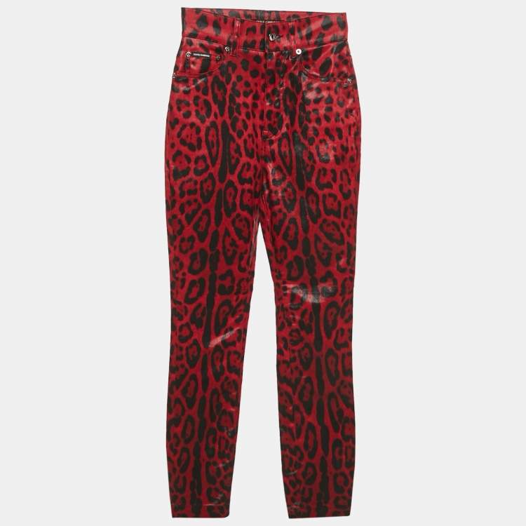Pre Owned Dolce & Gabbana Red Leopard Print Cotton Drill Jeans S Waist 26"