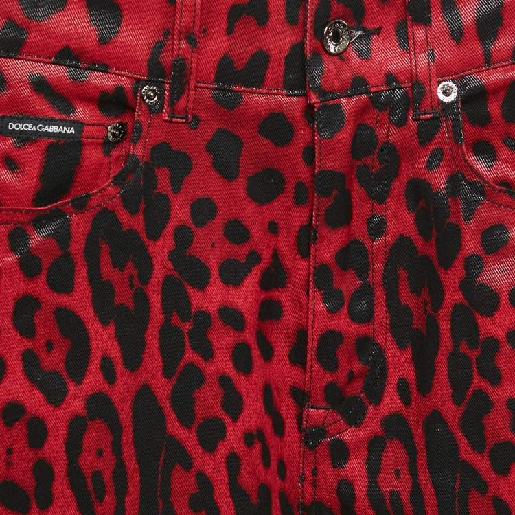Pre Owned Dolce & Gabbana Red Leopard Print Cotton Drill Jeans S Waist 26"