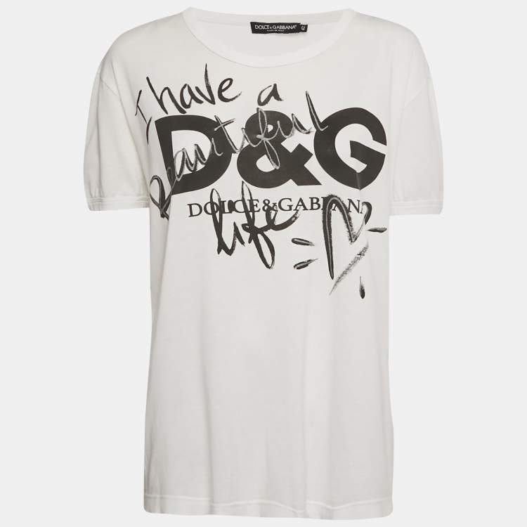 Pre Owned Dolce & Gabbana White Beautiful Life Logo Print Cotton T-Shirt M