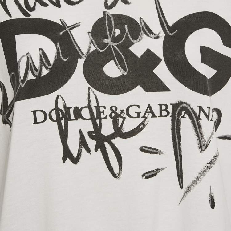 Pre Owned Dolce & Gabbana White Beautiful Life Logo Print Cotton T-Shirt M