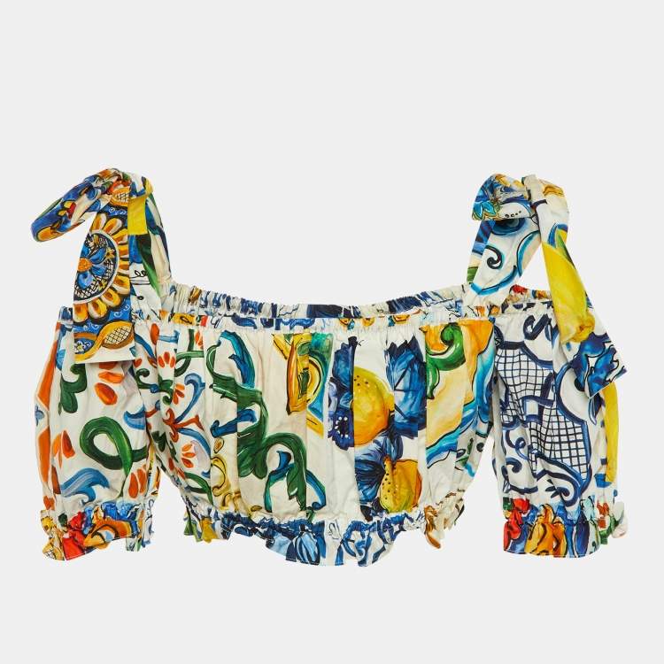 Pre Owned Dolce & Gabbana Blue Majolica Print Cotton Crop Top M