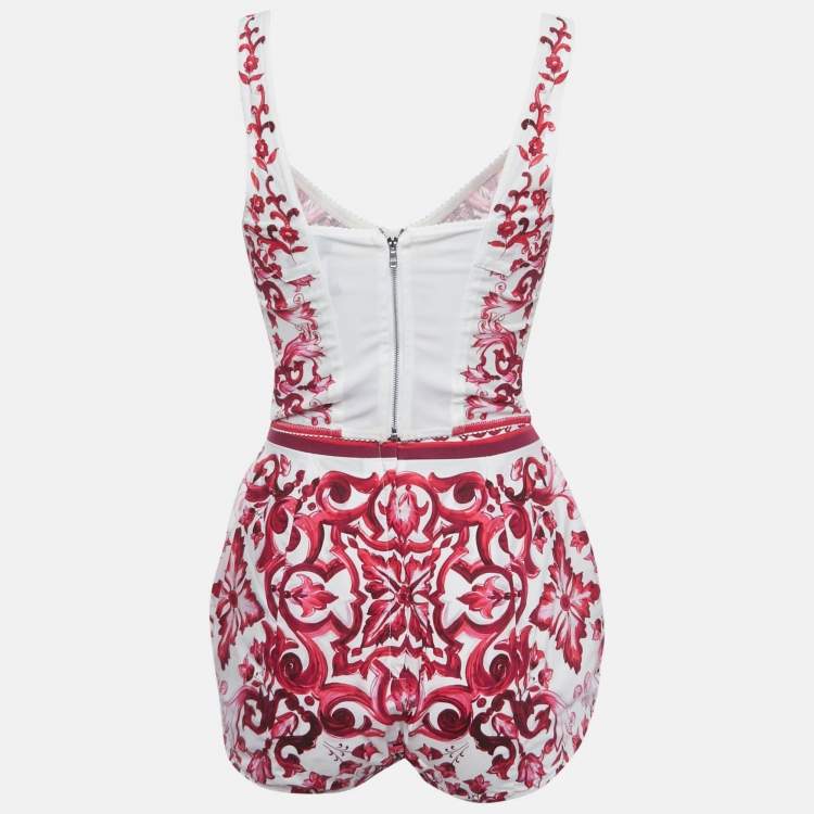 Pre Owned Dolce & Gabbana White Majolica Print Mesh Corset Top & Cotton Shorts Set XS/S 