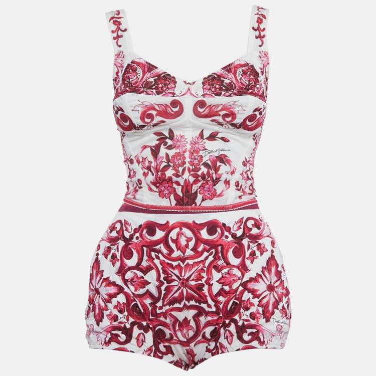 Pre Owned Dolce & Gabbana White Majolica Print Mesh Corset Top & Cotton Shorts Set XS/S 