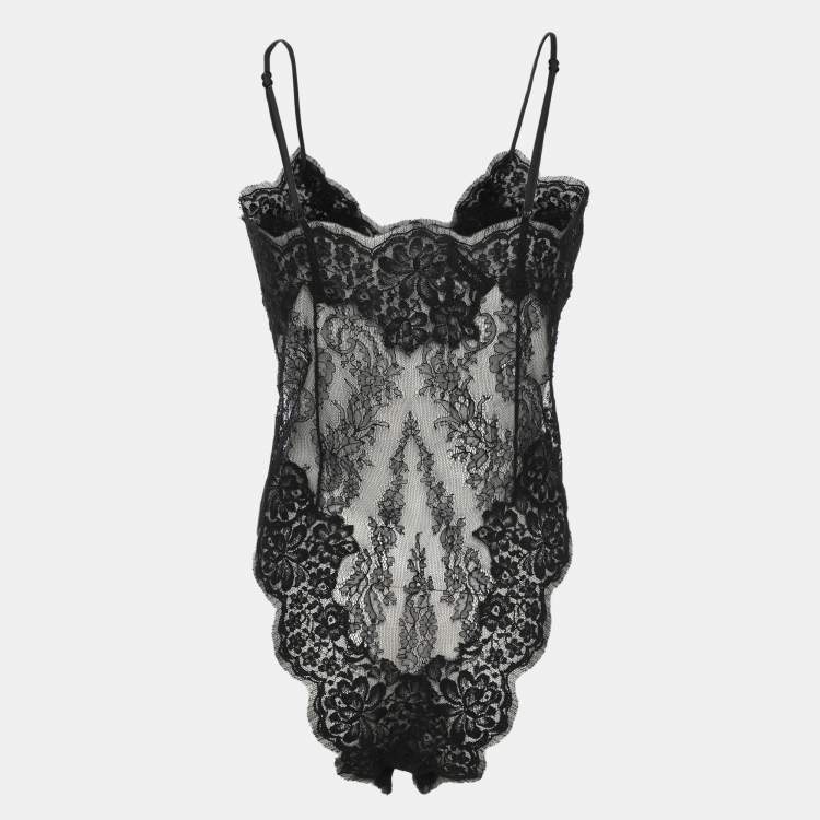 Pre Owned Dolce & Gabbana Black Lace Logo Bodysuit M