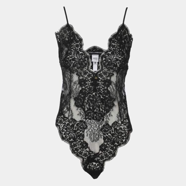 Pre Owned Dolce & Gabbana Black Lace Logo Bodysuit M