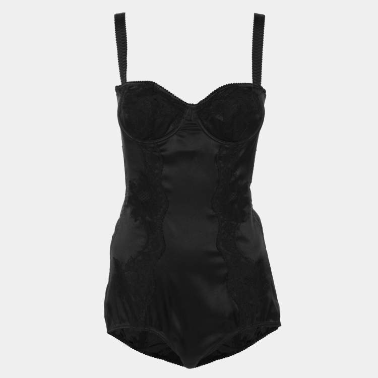 Pre Owned Dolce & Gabbana Black Satin Lace Bodysuit M
