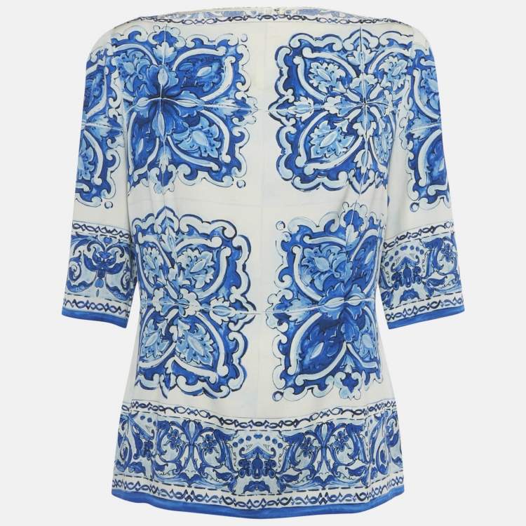 Pre Owned Dolce & Gabbana White /Blue Majolica Print Silk Blouse L