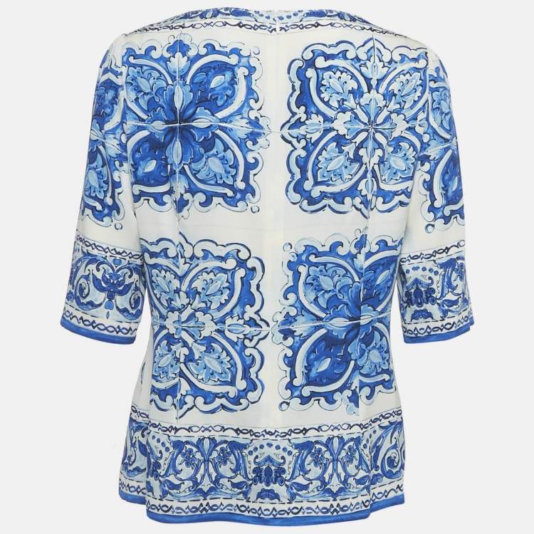 Pre Owned Dolce & Gabbana White /Blue Majolica Print Silk Blouse L