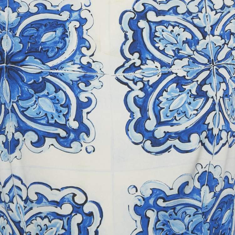Pre Owned Dolce & Gabbana White /Blue Majolica Print Silk Blouse L