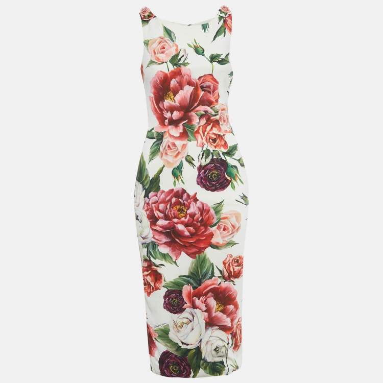 Pre Owned Dolce & Gabbana White Rose Print Crepe Short Dress S