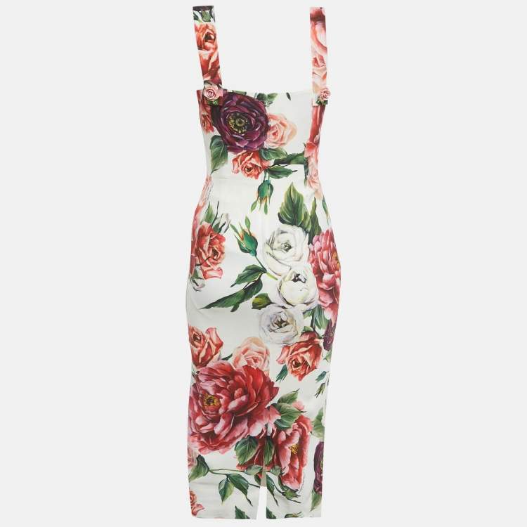 Pre Owned Dolce & Gabbana White Rose Print Crepe Short Dress S