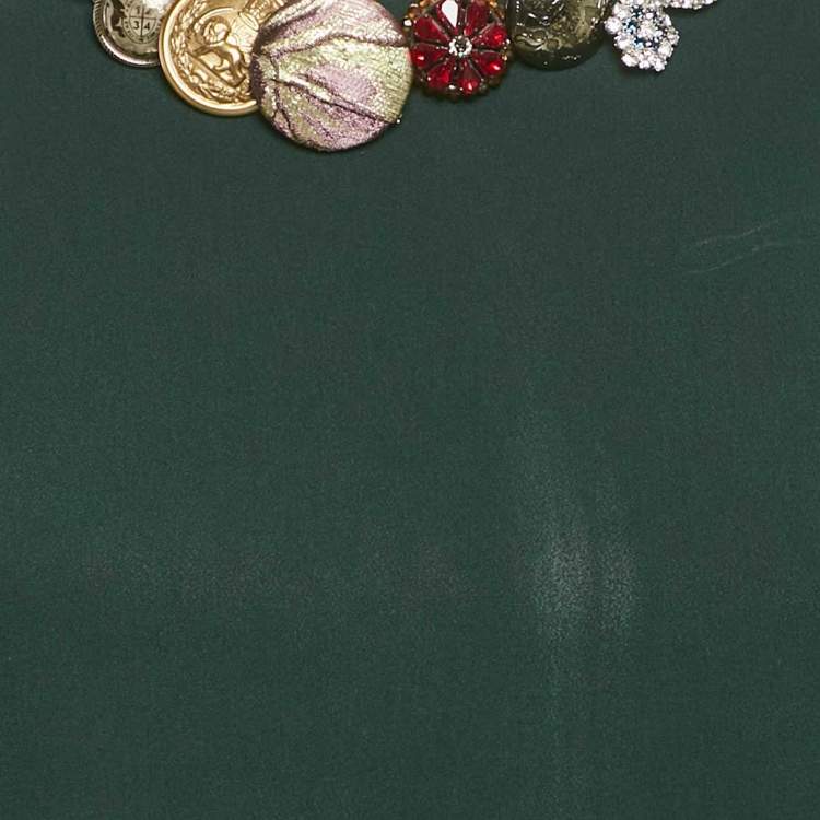 Pre Owned Dolce & Gabbana Green Crepe Bejeweled Buttons Flounce Dress S