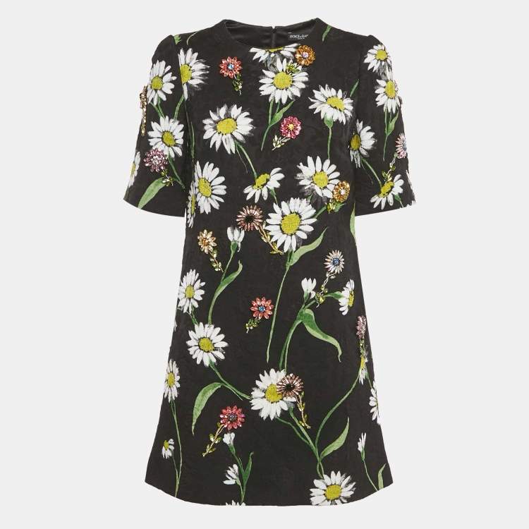 Pre Owned Dolce & Gabbana Black Floral Jacquard Crystal Detail Mini Dress M