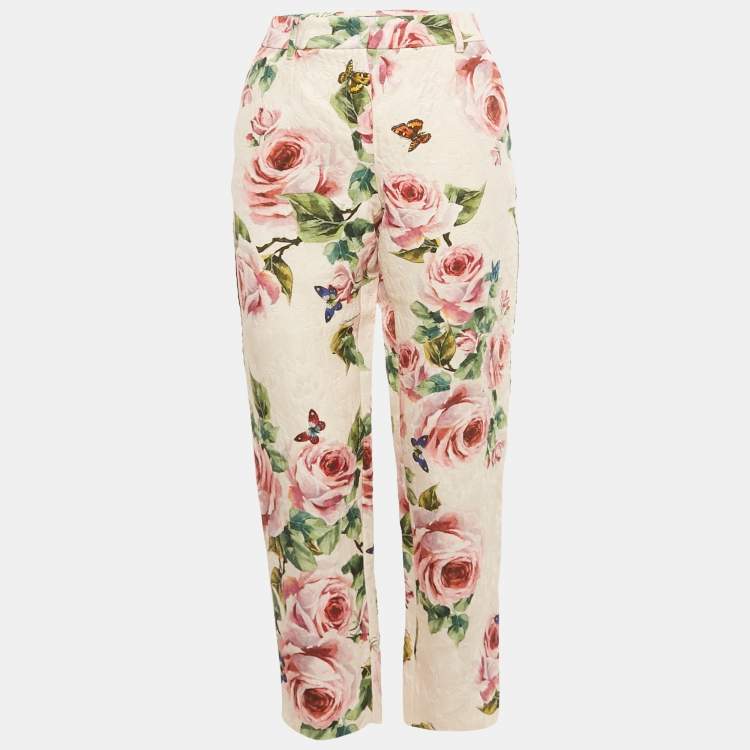 Pre Owned Dolce & Gabbana Pink Rose Print Jacquard Trousers M