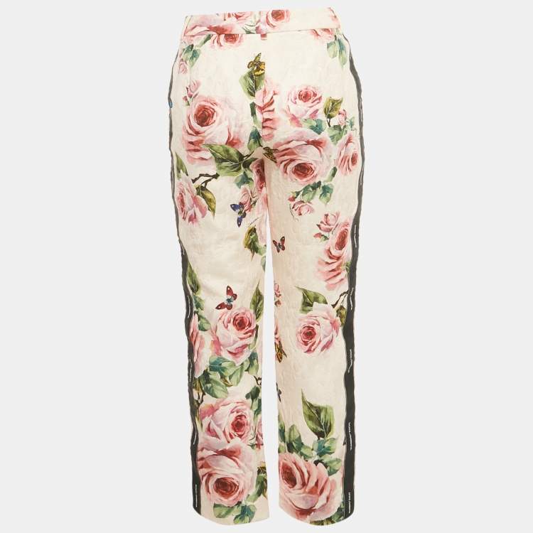 Pre Owned Dolce & Gabbana Pink Rose Print Jacquard Trousers M