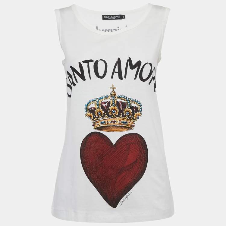Pre Owned Dolce & Gabbana White Printed Cotton Knit Tank Top M