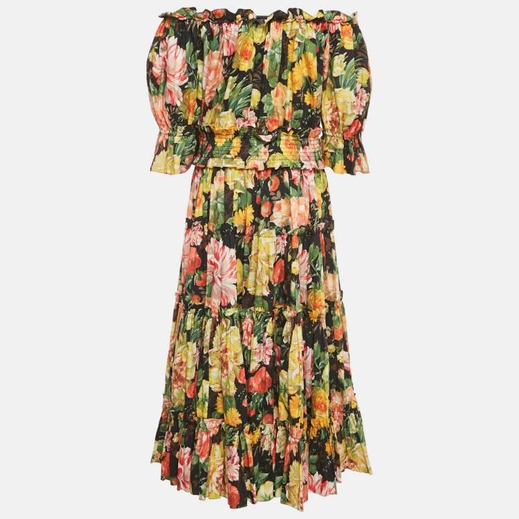 Pre Owned Dolce & Gabbana Multicolor Floral Print Cotton Tiered Midi Dress L