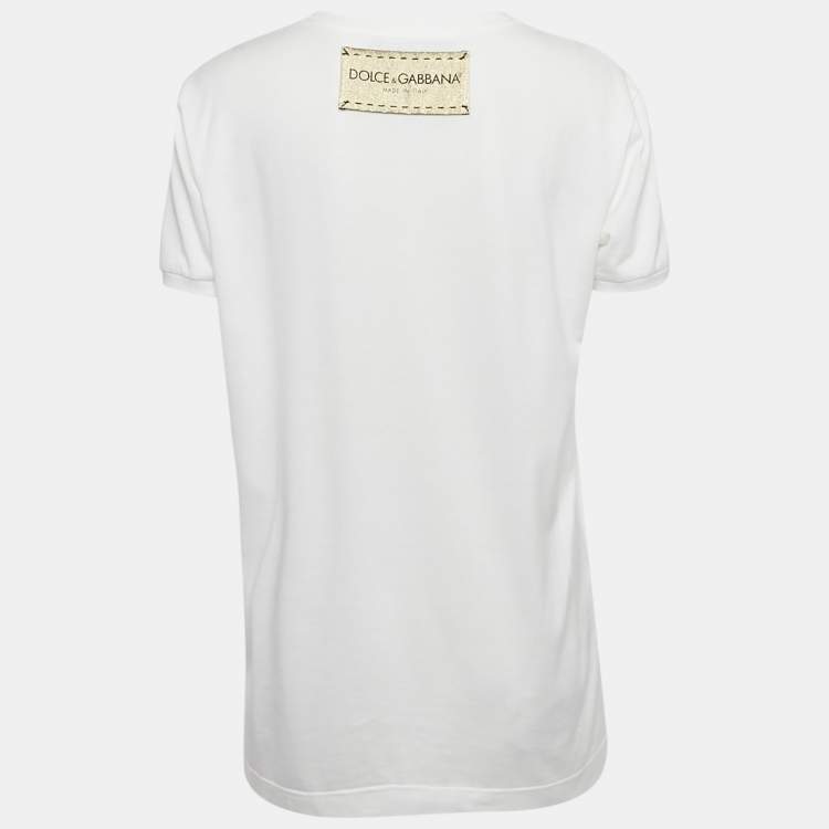 Pre Owned Dolce & Gabbana White Slogan Print Embroidered Cotton T-Shirt S