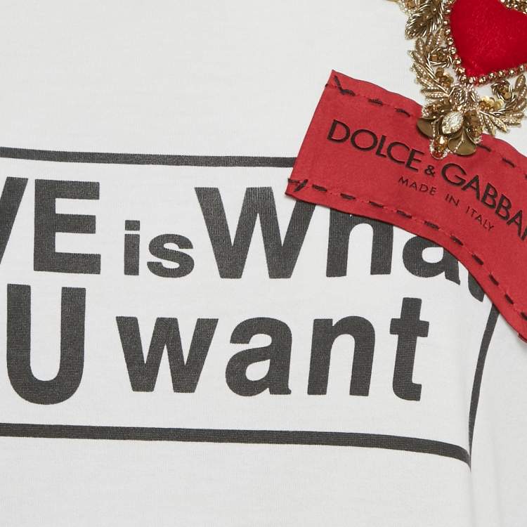 Pre Owned Dolce & Gabbana White Slogan Print Embroidered Cotton T-Shirt S
