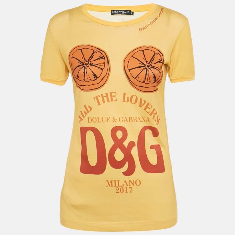 Pre Owned Dolce & Gabbana Yellow All The Lovers Logo Print Cotton T-Shirt S