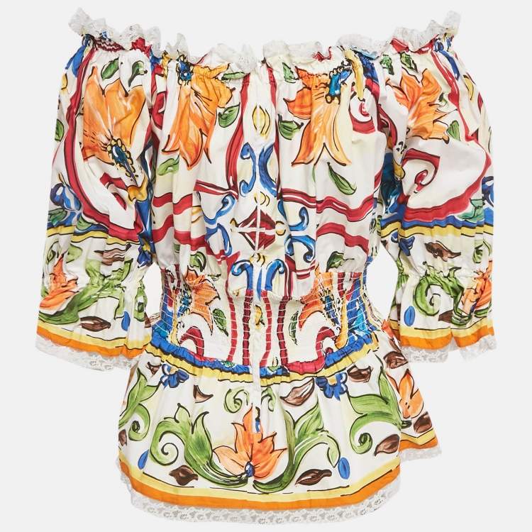 Pre Owned Dolce & Gabbana Multicolor Majolica Print Cotton Smocked Off -Shoulder Top L