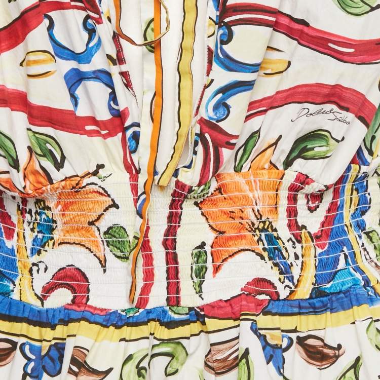 Pre Owned Dolce & Gabbana Multicolor Majolica Print Cotton Smocked Off -Shoulder Top L