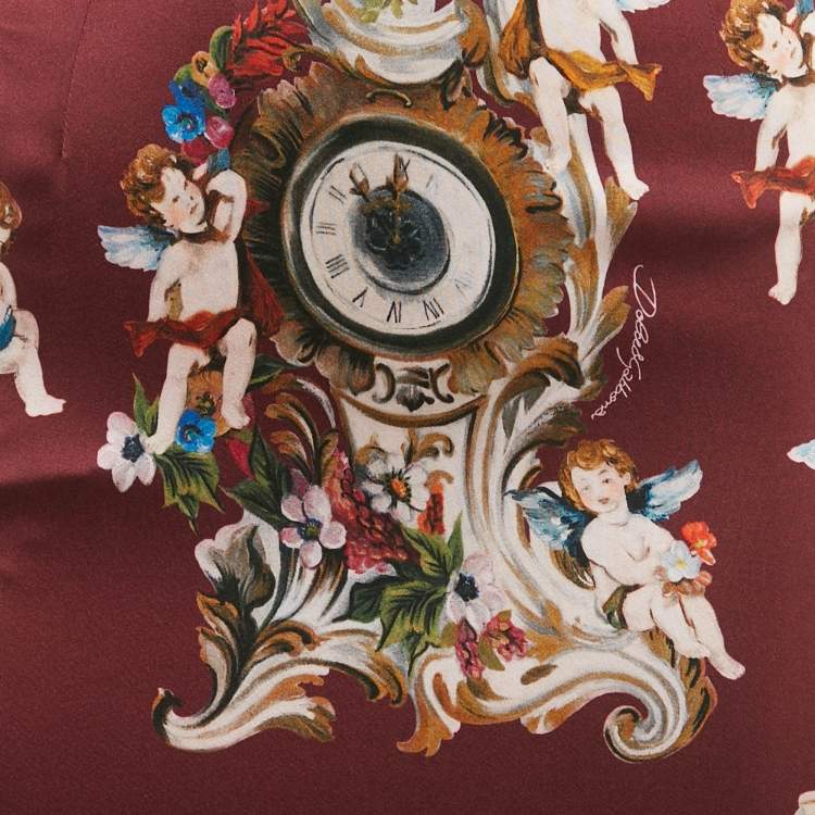 Pre Owned Dolce & Gabbana Burgundy Printed Silk Midi Dress S