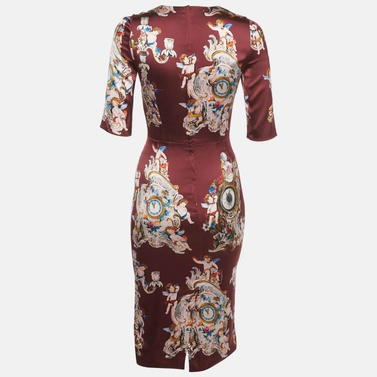 Pre Owned Dolce & Gabbana Burgundy Printed Silk Midi Dress S