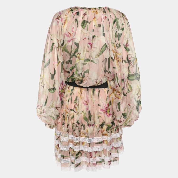 Pre Owned Dolce & Gabbana Multicolor Lily Printed Silk Ruffled Off-The-Shoulder Top and Skirt Set S