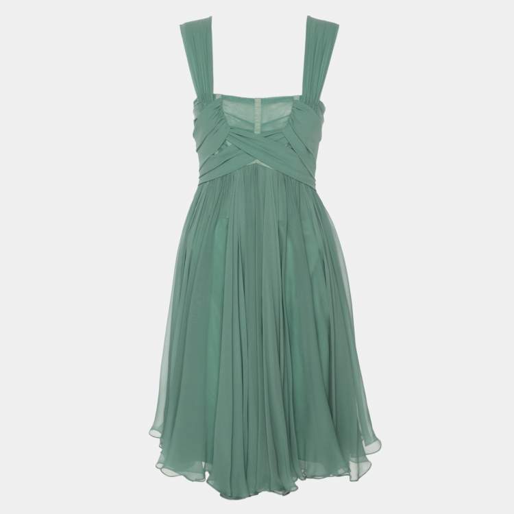 Pre Owned Dolce & Gabbana Green Pleated Chiffon Midi Dress S