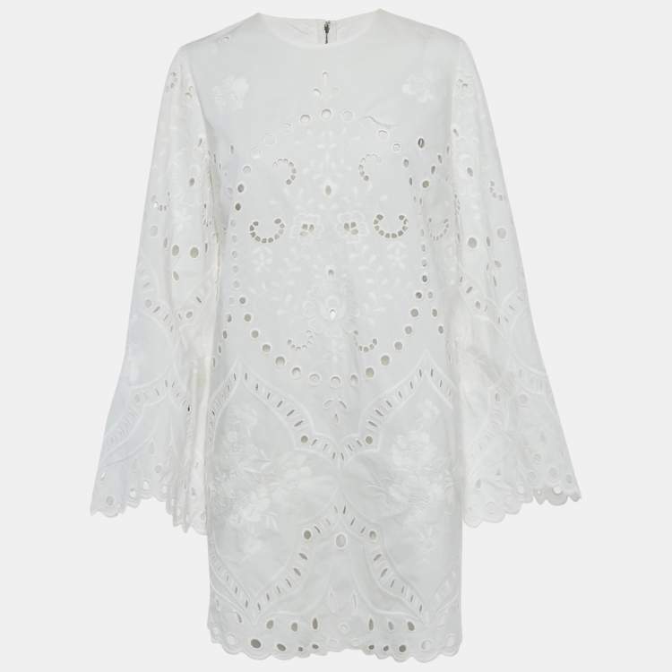 Pre Owned Dolce & Gabbana White Anglaise Broderie Cotton Mini Dress M
