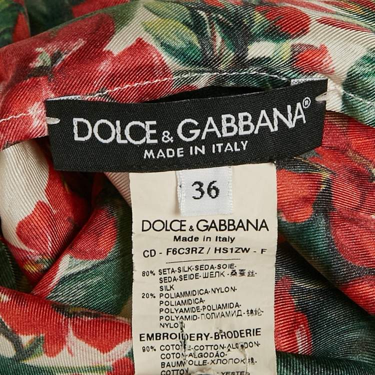 Pre Owned Dolce & Gabbana Red/Multicolor Geranium Print Silk Blend Lace Trimmed Midi Dress XS
