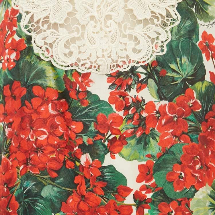 Pre Owned Dolce & Gabbana Red/Multicolor Geranium Print Silk Blend Lace Trimmed Midi Dress XS