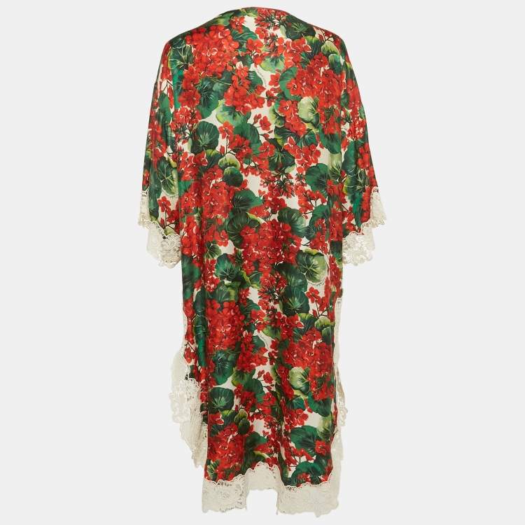 Pre Owned Dolce & Gabbana Red/Multicolor Geranium Print Silk Blend Lace Trimmed Midi Dress XS