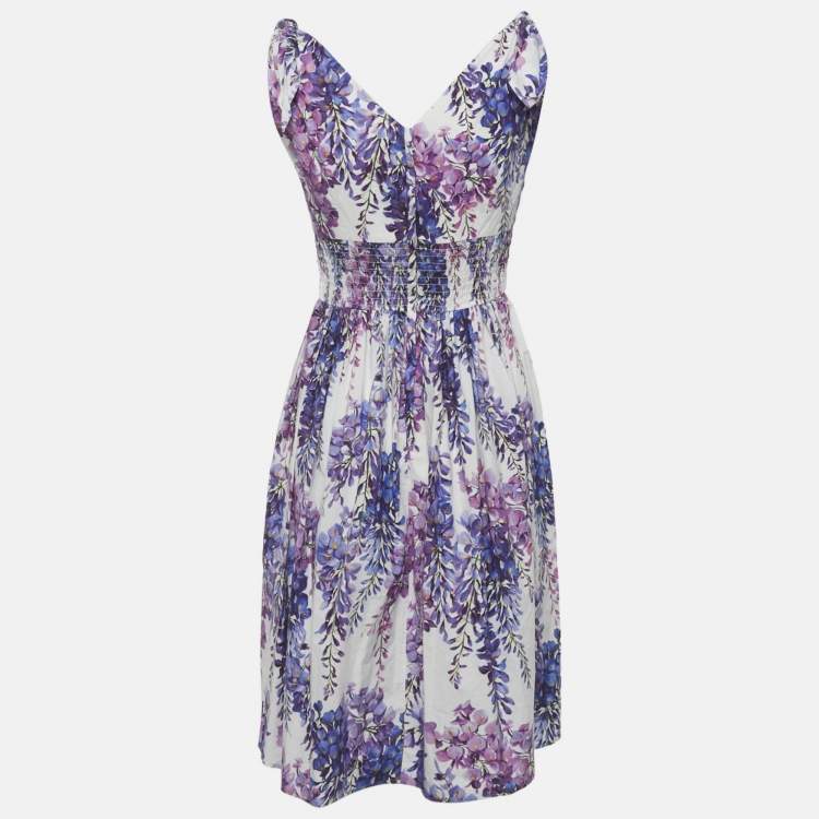Pre Owned Dolce & Gabbana White Floral Print Cotton Tie UP Wisteria Mini Dress S