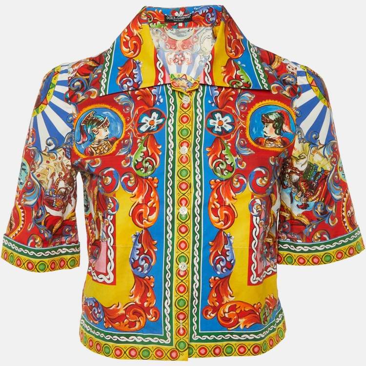 Pre Owned Dolce & Gabbana Multicolor Carretto Siciliano Print Cotton Cropped Shirt S