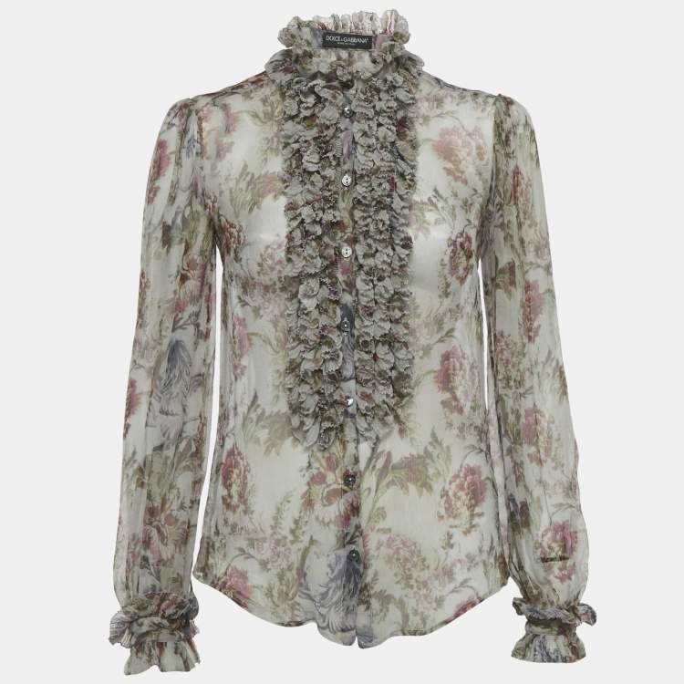 مملوكة مسبقًا Dolce & Gabbana Grey Floral Print Silk Ruche Shirt XS