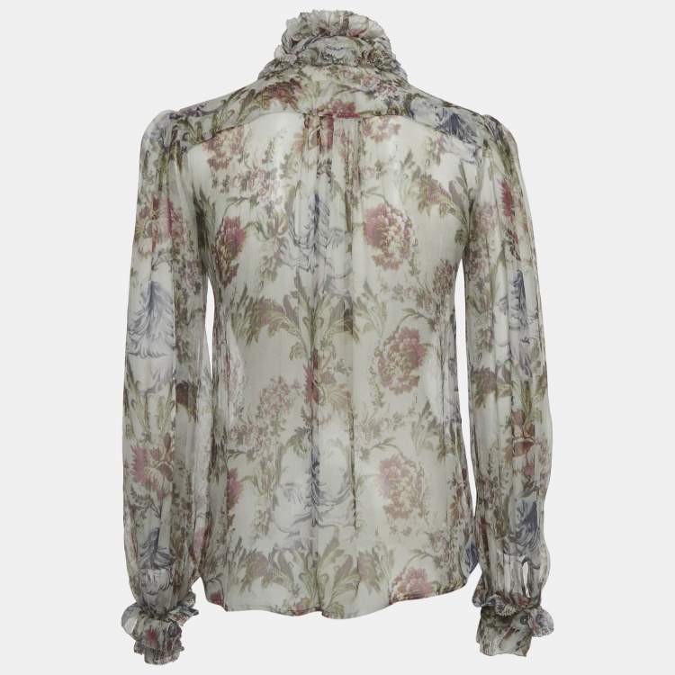 مملوكة مسبقًا Dolce & Gabbana Grey Floral Print Silk Ruche Shirt XS