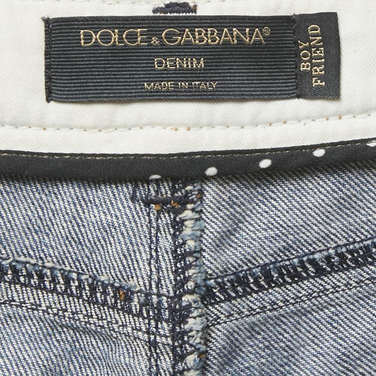 Pre Owned Dolce & Gabbana Blue Denim Distressed Boyfriend Logo Plaque Jeans S Waist 29"