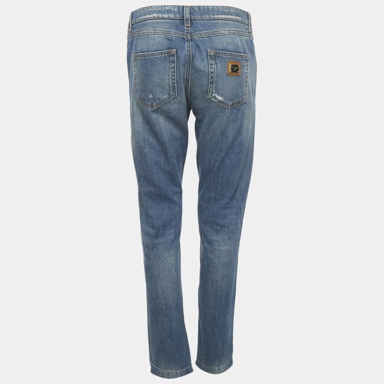 Pre Owned Dolce & Gabbana Blue Denim Distressed Boyfriend Logo Plaque Jeans S Waist 29"