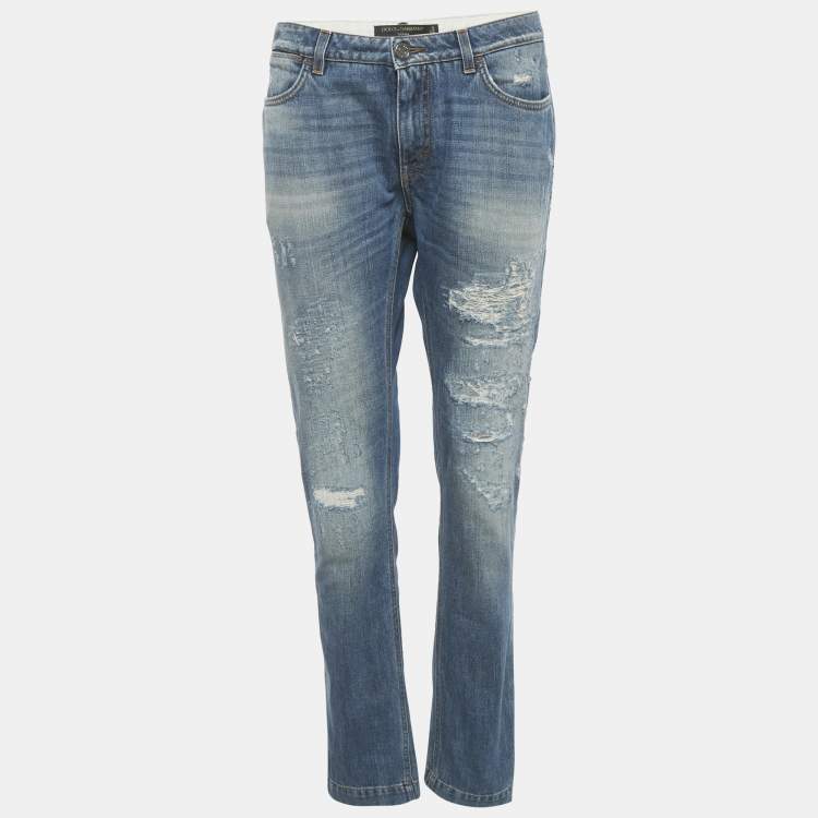 Pre Owned Dolce & Gabbana Blue Denim Distressed Boyfriend Logo Plaque Jeans S Waist 29"