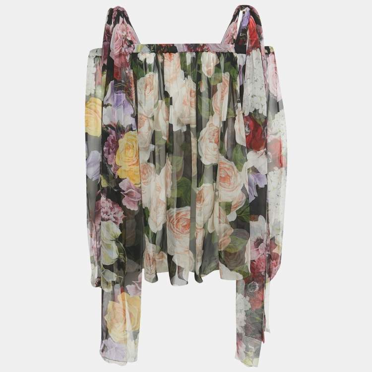 Pre Owned Dolce & Gabbana Black Sheer Floral Print Silk Tie Up Blouse S  
