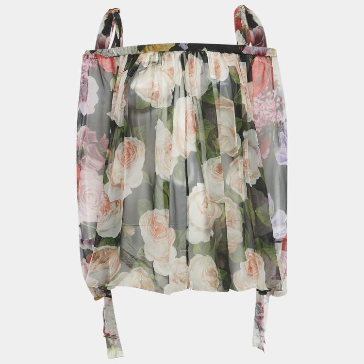 Pre Owned Dolce & Gabbana Black Sheer Floral Print Silk Tie Up Blouse S  