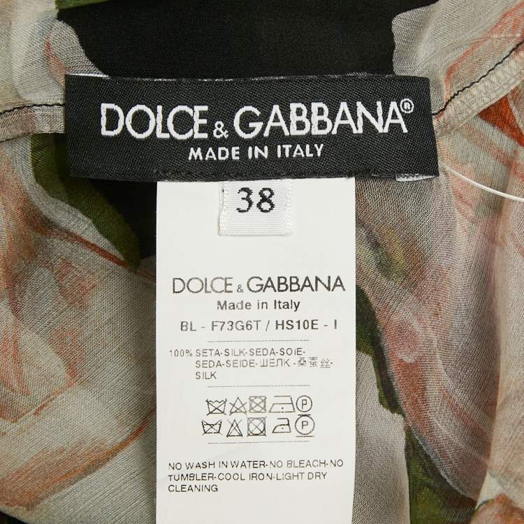 Pre Owned Dolce & Gabbana Black Sheer Floral Print Silk Tie Up Blouse S  