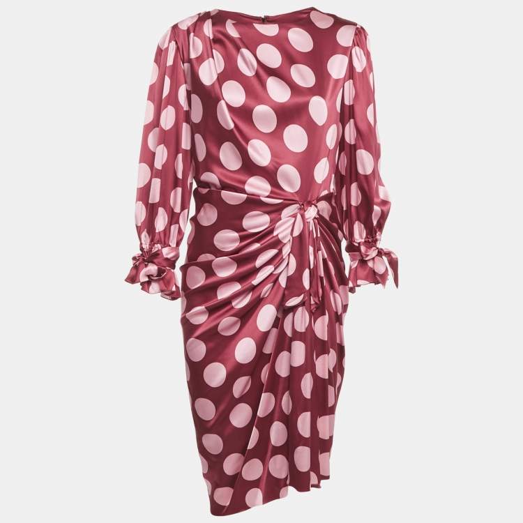 Pre Owned Dolce & Gabbana Burgundy Polka Dot Silk Wrap Detail Midi Dress L 