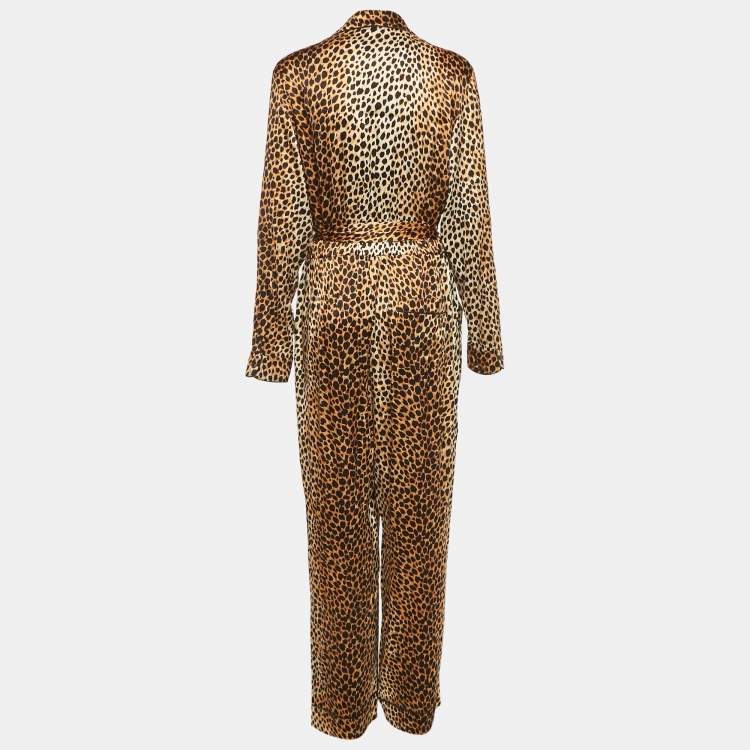 Pre Owned Dolce & Gabbana Brown Leopard Print Silk Belted Jumpsuit L
